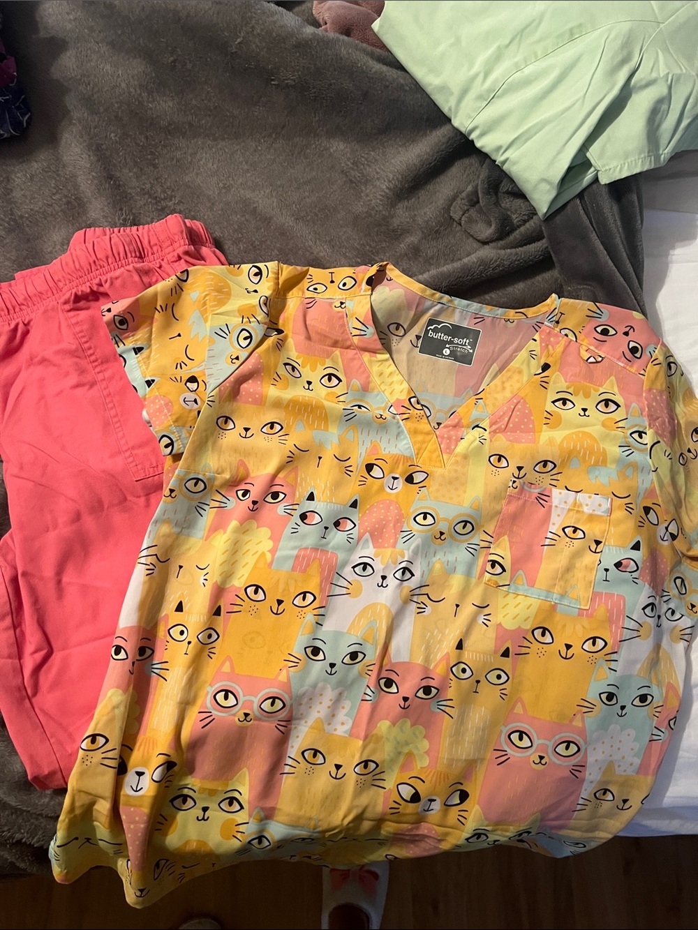 Butter Soft Womenβs Scrub top Cat Print Set in Yellow and Pink with Scrub pants